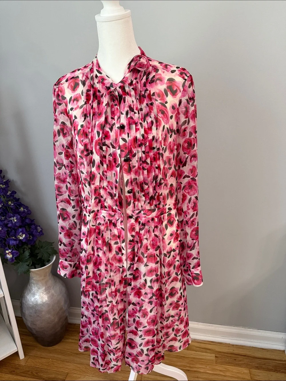 kate spade Pink and Fuchsia Floral Tie-Neck Long-Sleeve Dress